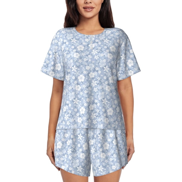 Fotbe Gray White Floral Conjunto de Pijama Estampado para Mujer, 2 Piezas, Ropa de Dormir con Camiseta de Manga Corta y Shorts Suaves-Small