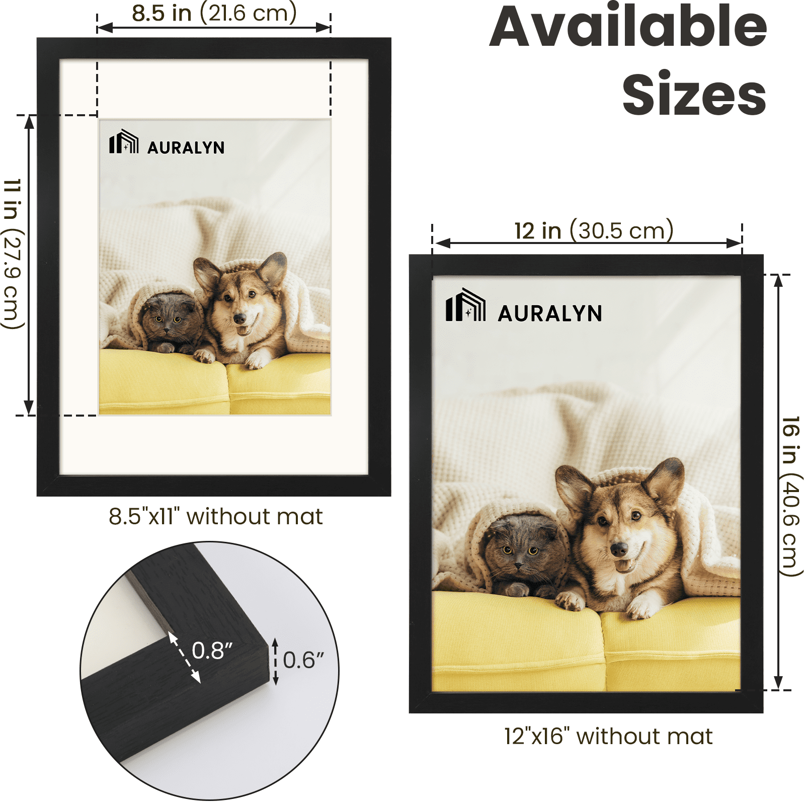 AURALYN 12x16 Picture Frame Set of 3 – Fits 8.5x11 with Mat or 12x16 Without Mat – Finger-Friendly, Easy to Hang, Includes Hanging Kit (Black Wood Grain, 3 Pack)