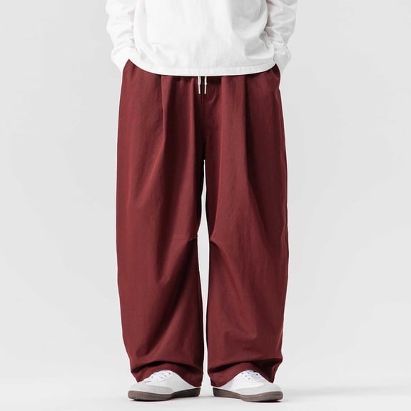 Handshe Men's Vintage Casual Pants with Elastic Waistband and Drawstring, Loose Fit Straight Leg with Pockets, Solid Color for Daily Wear and Leisure Activities