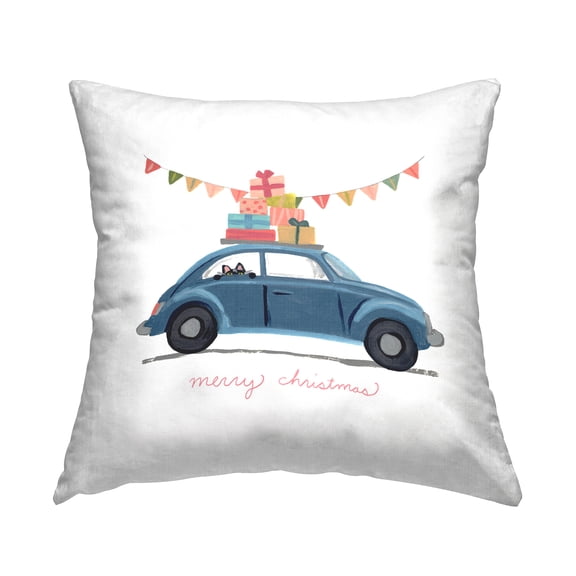Stupell Industries Blue Merry Christmas Car Peeking Cat Gifts Design by June Erica Vess Throw Pillow