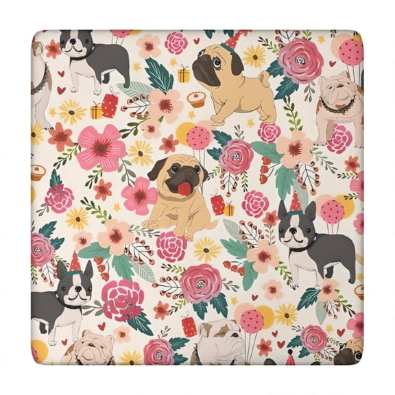 Dogs with Pioneer Flower Square Fitted Tablecloth with Elastic Edge,Square Table Cover,Washable Elastic Table Cover for Home Kitchen Party Decor 34"x34"