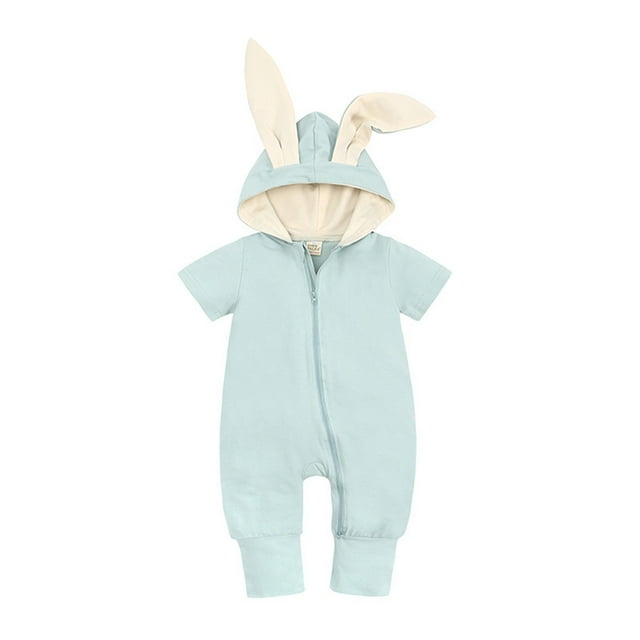 Summer Rompers For Newborn Girls Solid Zipper Hooded Rabbit Casual Romper Jumpsuit Onesie Sunsuit Green Soft New Born Clothes 9-12M