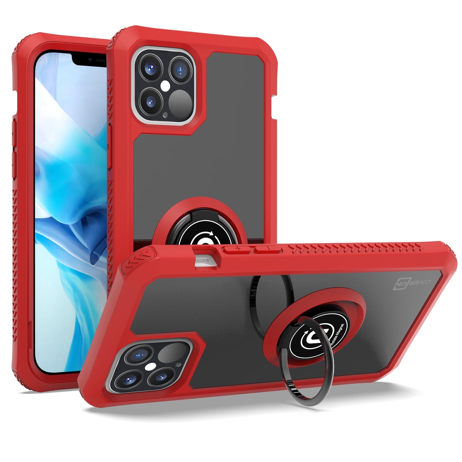 CoverON Apple iPhone 12 Case / iPhone 12 Pro Case (6.1"), Ring Holder Kickstand Magnetic Mount Clear Hard Back Cover Rubber Bumper, Red