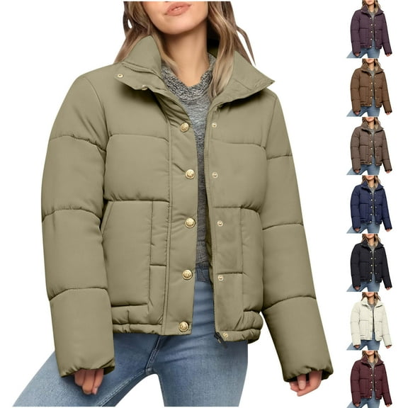 Nfurl Womens Winter Puffer Jackets Warm Zip up Button Down Coats Winter Going Out Outerwear Solid Color Quilted Puffy Jacket with Pockets Khaki L