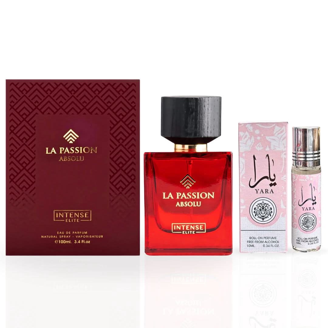 Yara Roll-On Perfume Oil CPO 10ml (0.34 oz) by Ard Al Zaafaran & La Passion Absolu for Women Eau de Parfum Spray 100ml (3.4 oz) by Intense Elite (Bundle)
