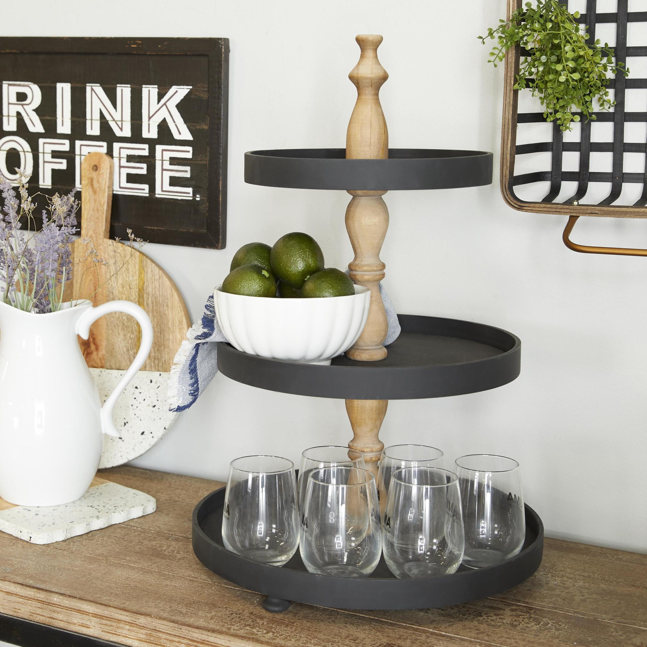 DecMode 16" x 24" Black Wood 3 Tiered Server with Brown Post, 1-Piece