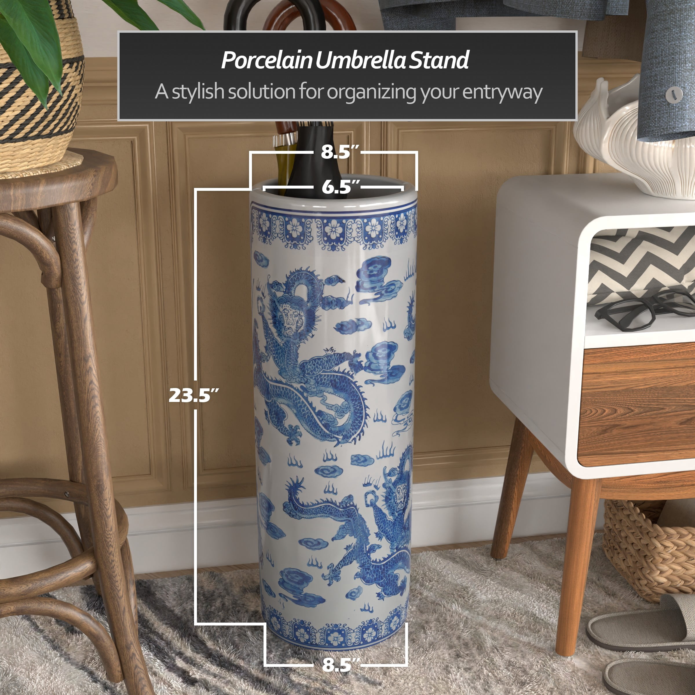 Red Lantern 24" Dragon Blue & White Porcelain Umbrella Stand