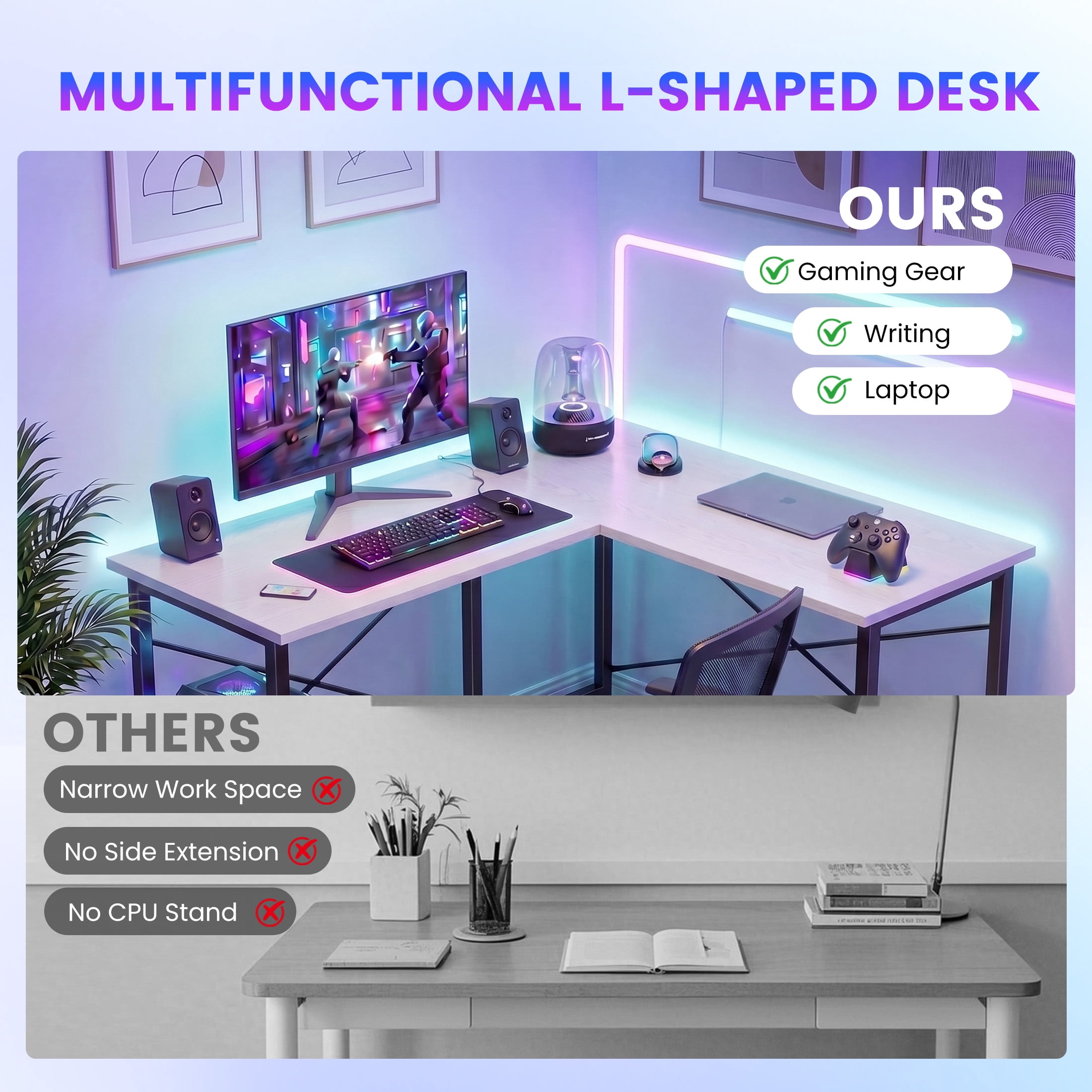 edx 50 Inch L Shaped Desk - Computer Desk Corner Desks Gaming Desk PC Table with CPU Stand for Home Office Dorm Sturdy Writing Workstation, White