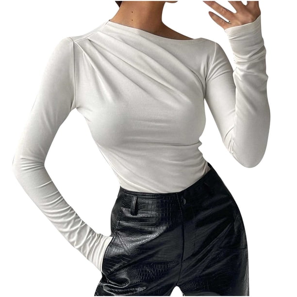 Mujeres Casual Cómodo Moda Pullover Manga Larga Cuello Redondo Soild Tops Pompotops FGAJ12354