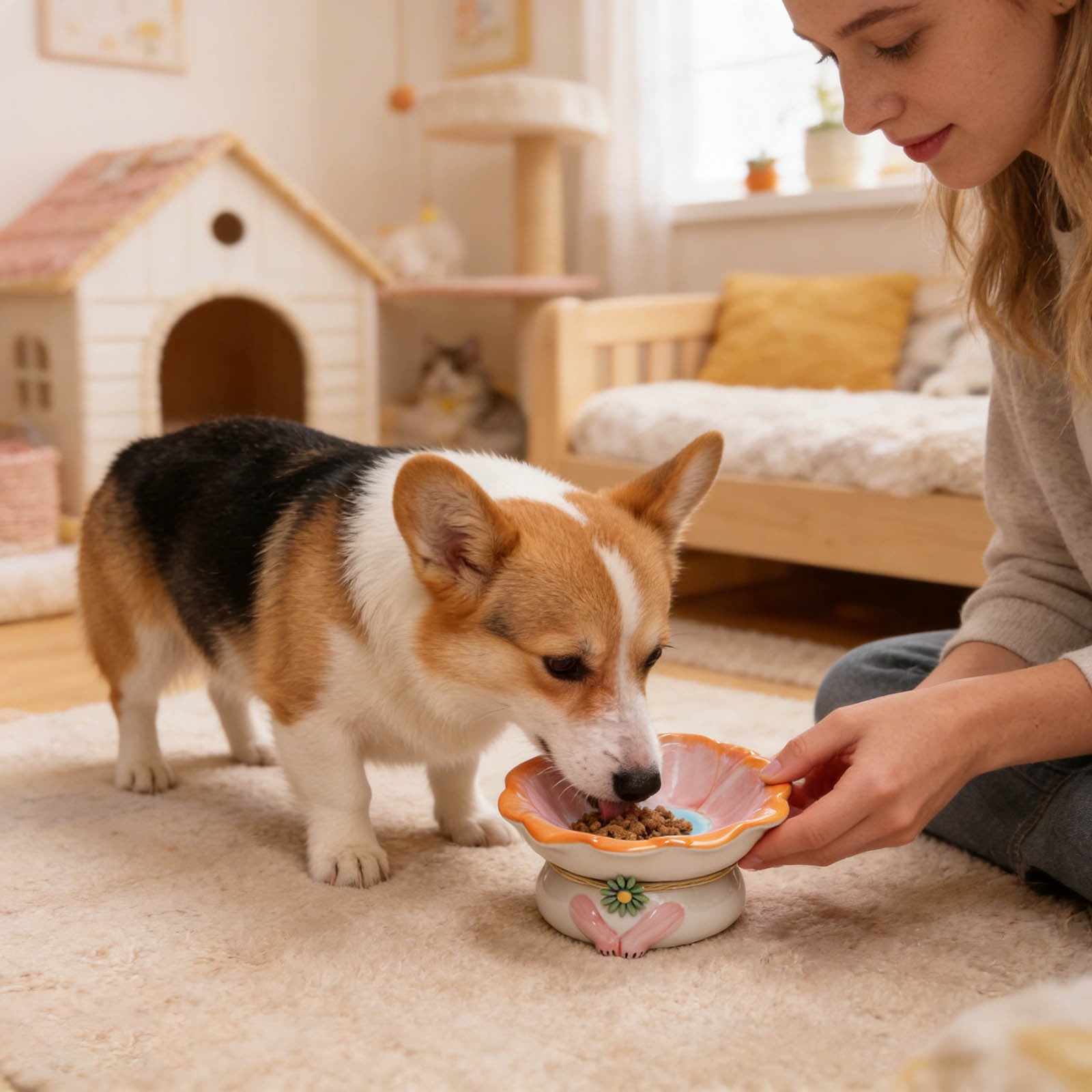 Elevated Ceramic Pet Bowl 15 Angle Shallow Dish Design for Improved Digestion and Spinal Health in Cats and Dogs