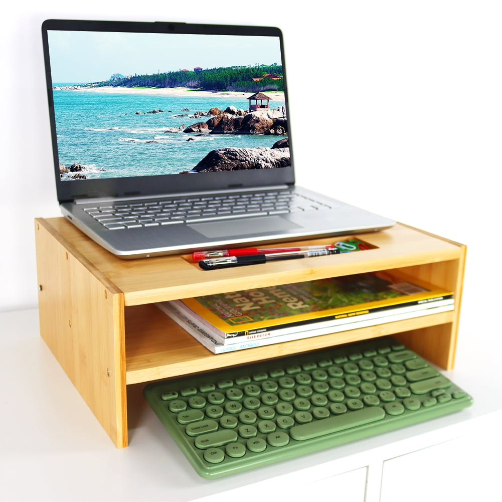 WKWKER 2-Tier Bamboo Monitor Riser Stand Desk Laptop Stand with Grooved Storage Document Organizer for Workstation Home Office Computer Laptop Printer Stand (Natural Color)