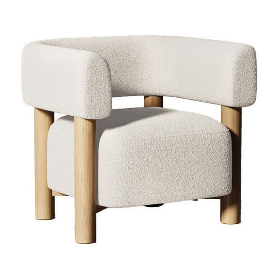 Benjara 31 Inch Accent Chair, Modern Brown Wood Frame, White Fabric Upholstery