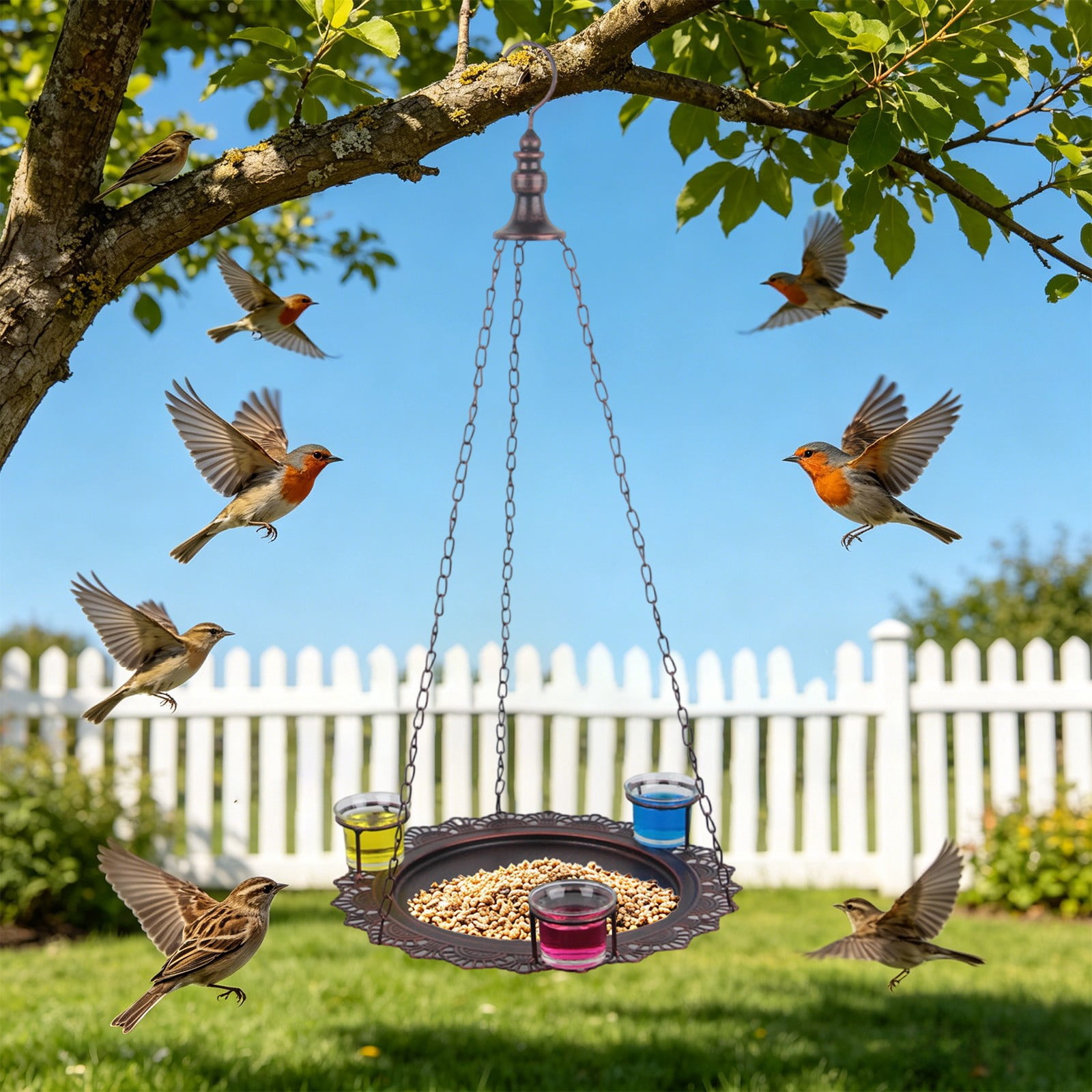 Large Capacity Hanging Bird Feeder, Open Tray Feeder with Metal Hanger, Durable Outdoor Bird Feeder for Garden, Brown