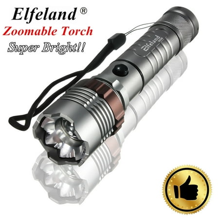 Elfeland 2600 Lumens LED Flashlight Zoomable Focus Torch Lamp Super Bright T6 LED 5 Modes + 18650 Battery for Emergency Camping Hiking