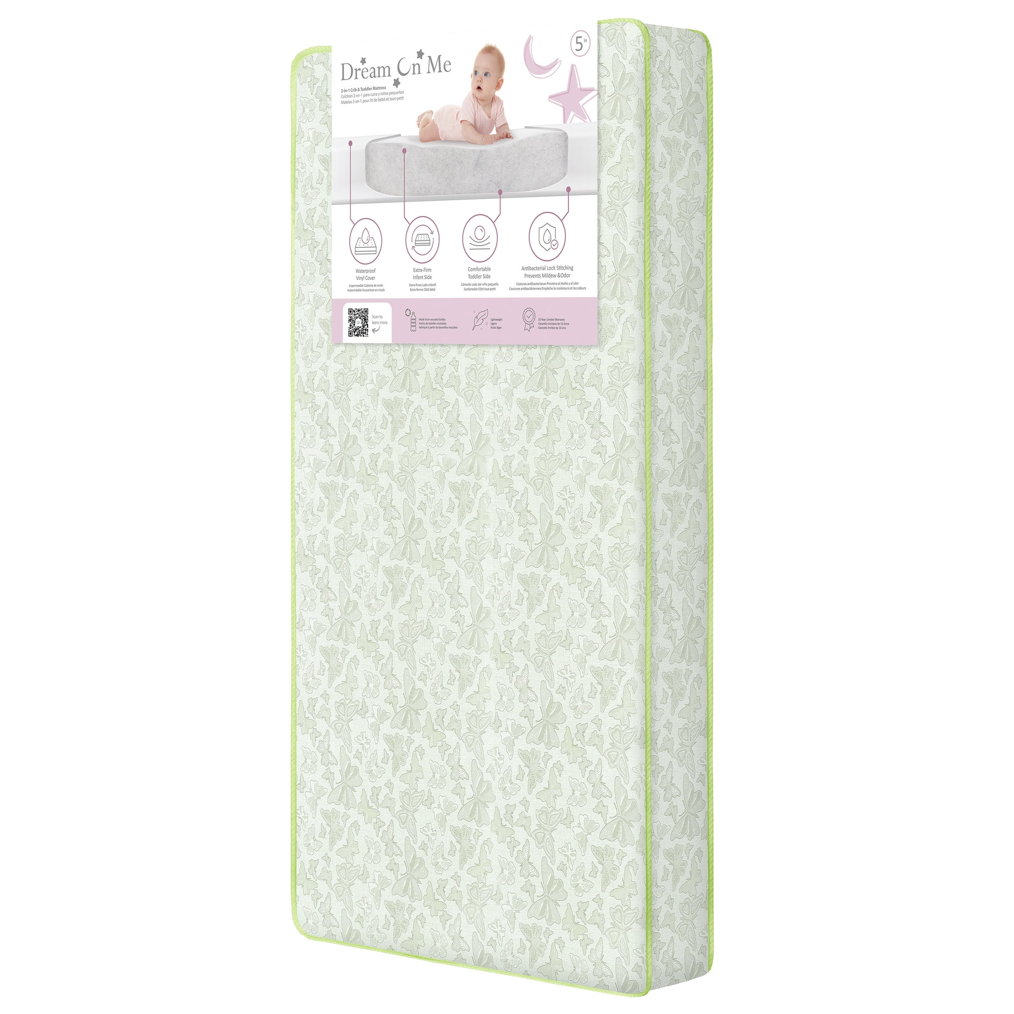 Dream On Me Butterfly Meadow Firm Fiber Crib & Toddler Mattress | Waterproof Vinyl Cover | Greenguard Gold & JPMA Certified | Lightweight | Green Butterfly Meadow