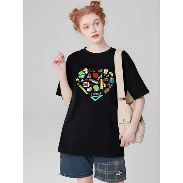 Letter And Cartoon Graphic Tee Graphic Tees Women TopsFather's Day, Mother's Day, New Year, Spring FCamisetas para mujer, lindas camisetas con estampado gráfico, de manga corta, estilo casual, para ve