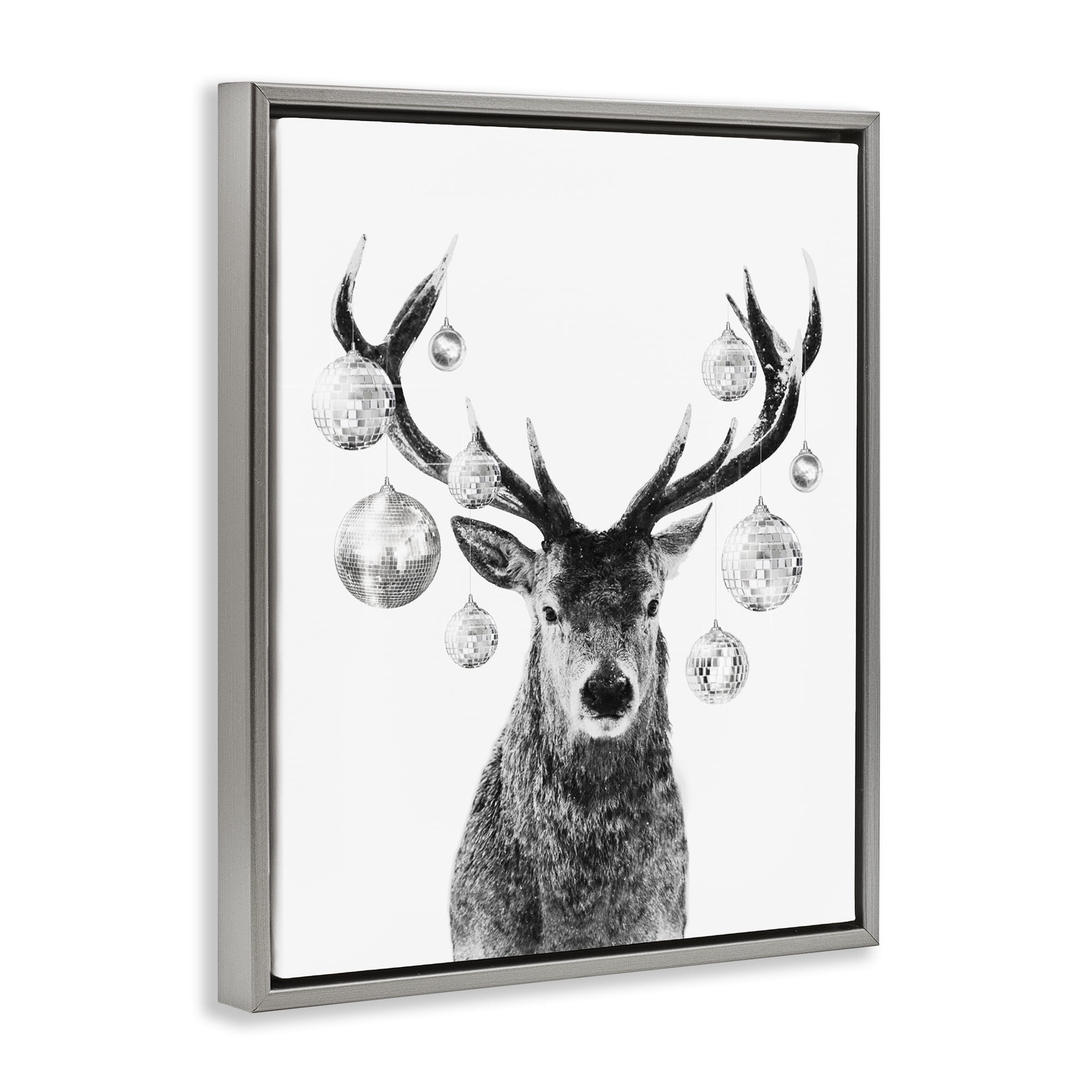 Stupell Industries Deer with Disco Balls Animals & Insects Painting Gray Floater Framed Canvas Art Print Wall Art, 17 x 21