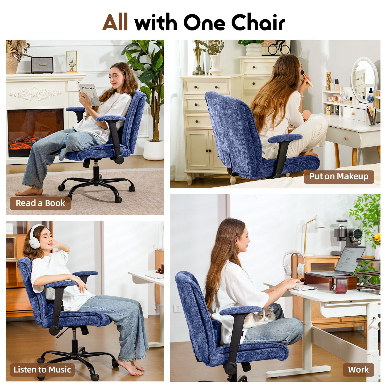 zzw Chenille Home Office Criss Cross Chair with Flip Arms, Lumbar Support and Wheels, Blue