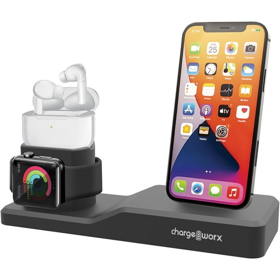 Chargeworx 3-in-1 Charging Station, Wireless Phone Charger Stand with Anti-Slip Silicone