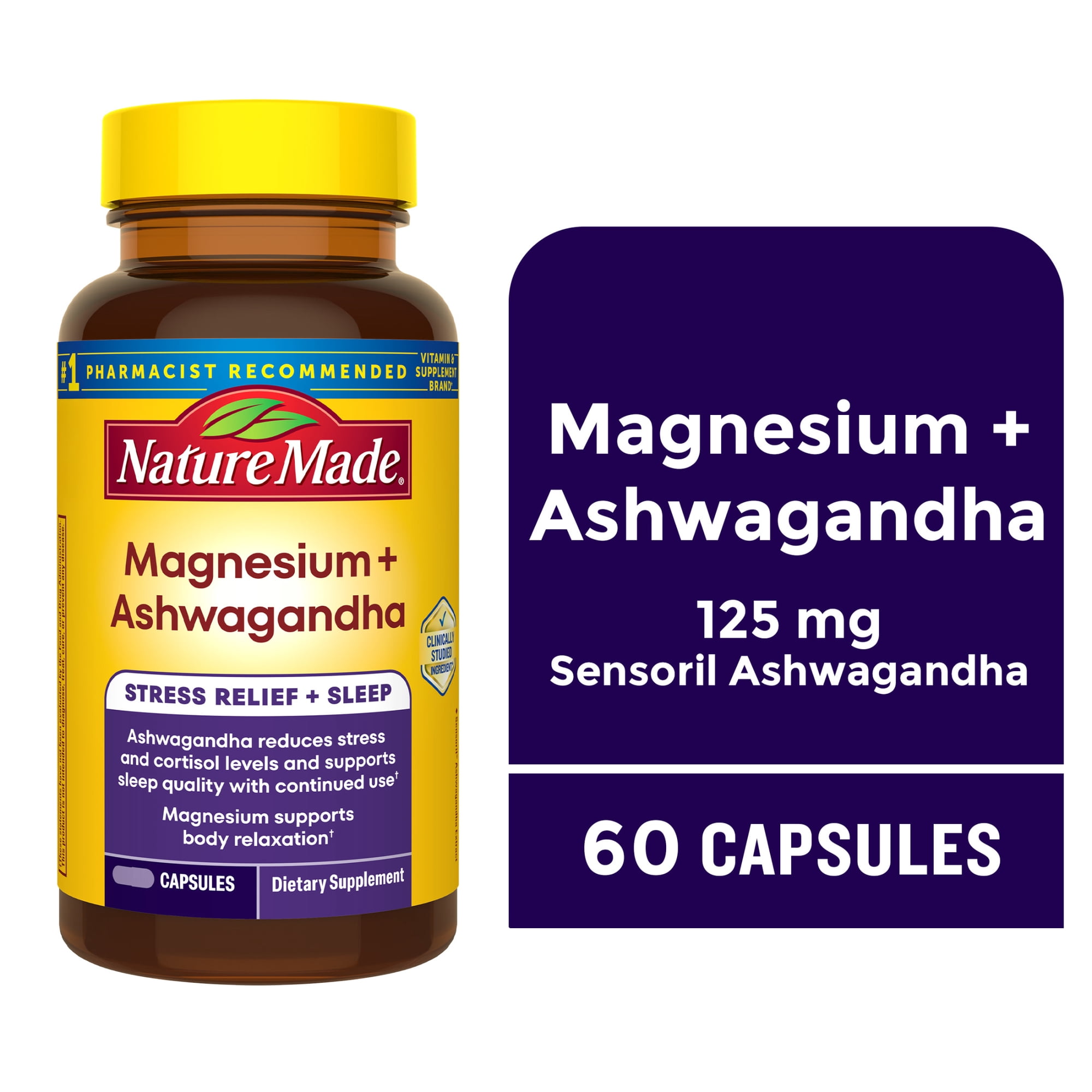Nature Made Magnesium + Ashwagandha Capsules, Dietary Supplement, 60 Count