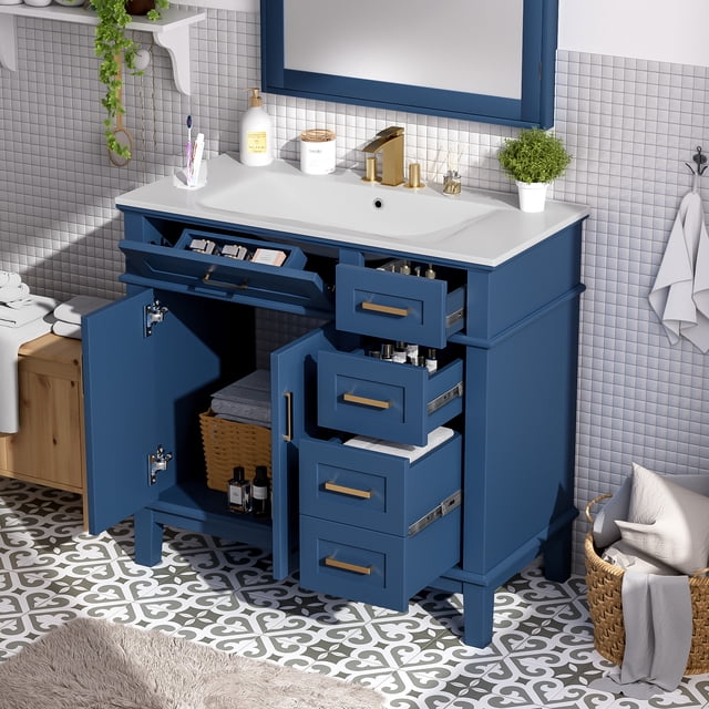36" Blue Modern Bathroom Vanity with Ceramic Sink, Soft-Close Door, and 4 Storage Drawers, offering a refined look with practical everyday functionality