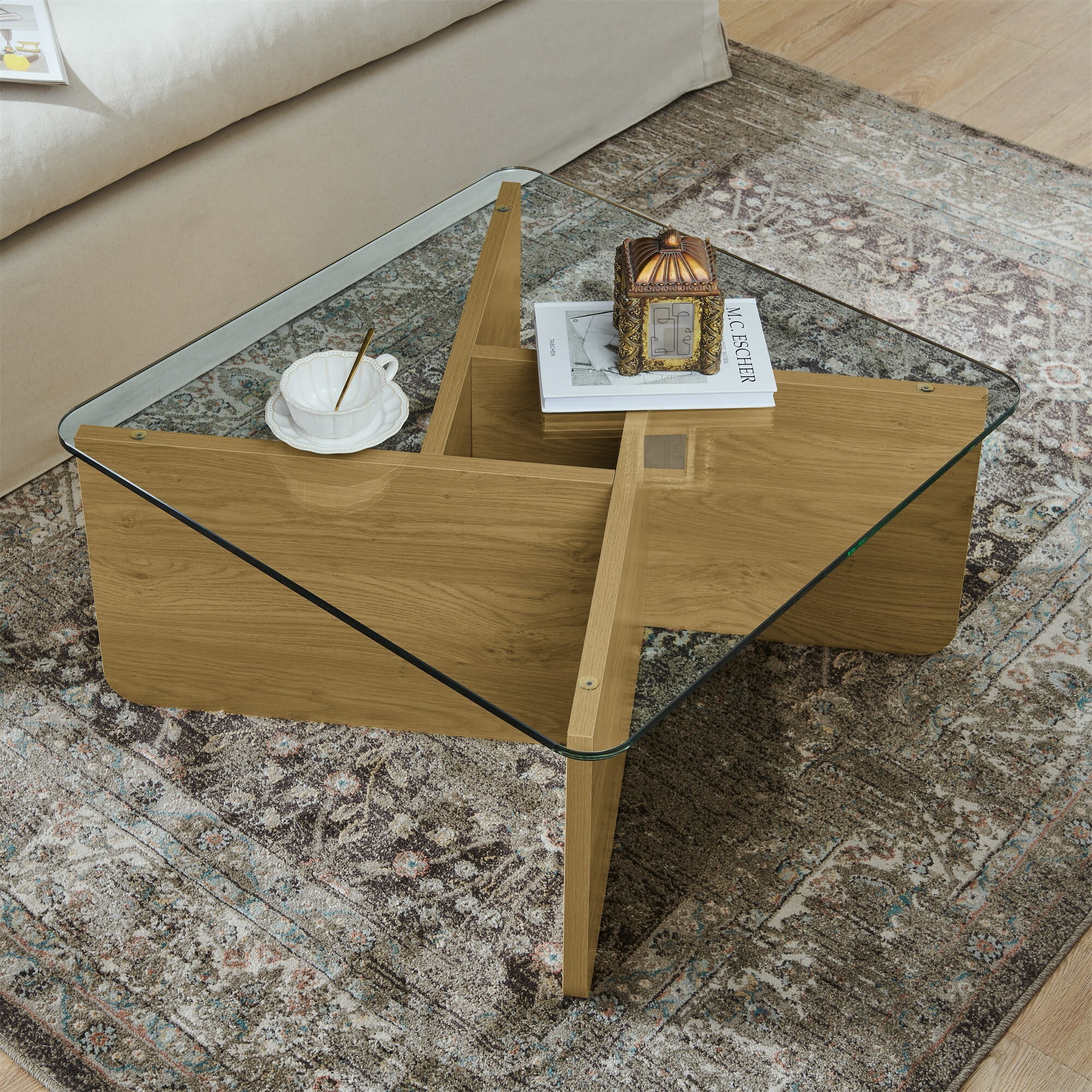 AENKYO Modern 31.5" Square Glass Coffee Table with Tempered Glass Top and Wooden X-Frame Base, Natural Color