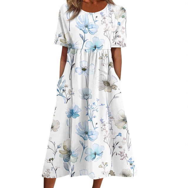 HomeGardon Robes d'Été en Solde! Robes pour Femmes 2025, Robes d'Été Décontractées à Col Rond et Manches Courtes avec Fermeture Éclair, Imprimé Floral, S-TTG