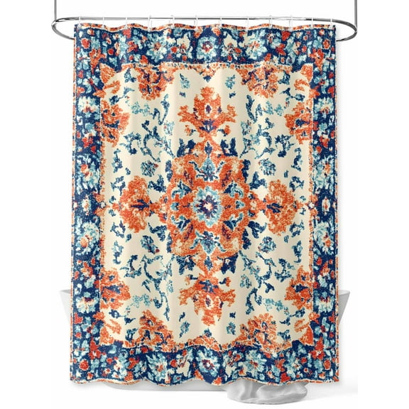 Retro Ethnic Leaves Shower Curtain, Flowers Orange Blue Texture Waterproof Shower Curtain Set with 12 Hooks Lightweight Washable Fabric Shower Curtains for Bathroom 60x72 Inches