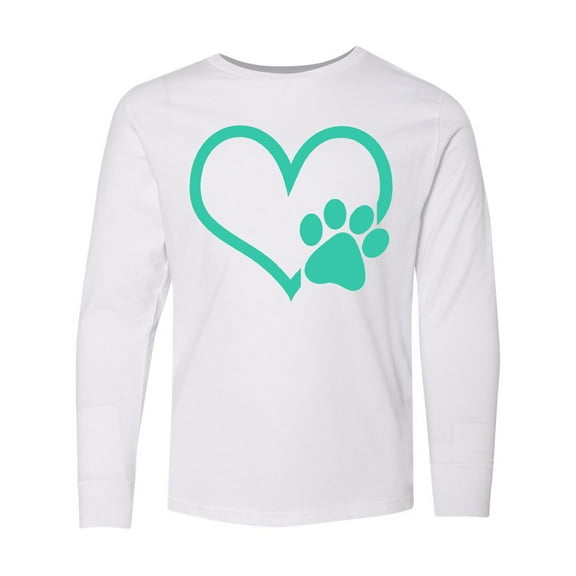 Inktastic Teal Heart With Paw Print Long Sleeve Youth T-Shirt