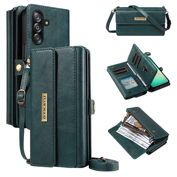 Wallet For Samsung Galaxy S25 FE Case with RFID Blocking [9 Card Holder] [3 Cash Slots] [1 Zipper Pocket] for Women Men,Magnetic Snap Closure PU Leather Flip Stand Crossbody Strap Case,Green