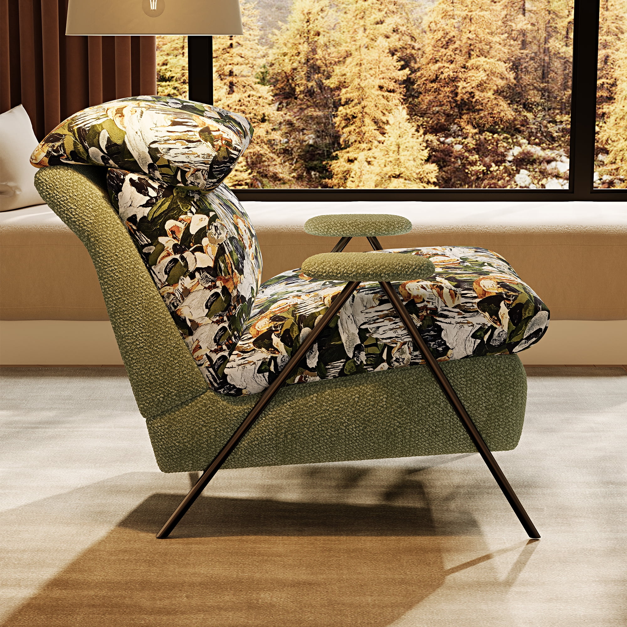 GARITIN Accent Chair and Reading Chair 31.8 Inch, Solid Wood Frame Lounge Chair with Chenille and Leather Upholstery for Living Room Bedroom, Pattern