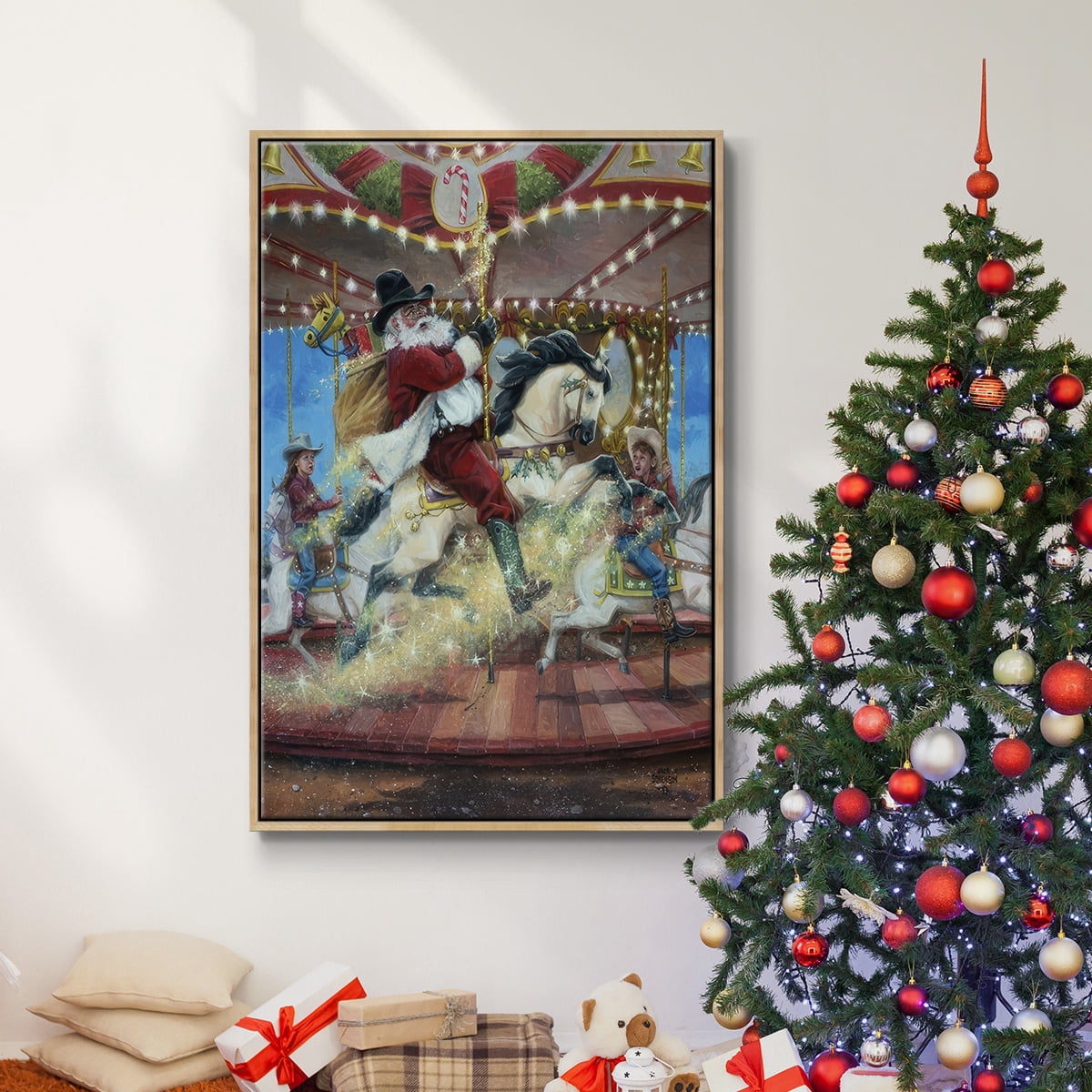 Merry Go Round - Framed Gallery Wrapped Holiday Canvas - 27 x 41 - Natural Wood Frame