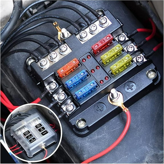 Fuse 6 Way Blade Fuse Box & Bus Bar Car Kit with Cover Marine FuseBox Holder 12V/24V for Auto Car Boat Marine Trike