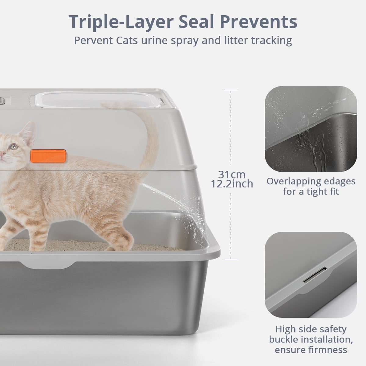 3IN1 Stainless Steel Cat Litter Box with Lid, DOMIPET XL Cat Litter Pan, Enclosed Metal Litter Box with 2x Litter Scoop & Filter Pedal, Front & Top Dual Entry