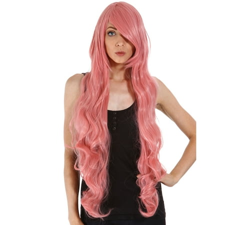Charming Long Curly Halloween Pink Wig Full Hair Wigs for Women w/ Free Wig Cap