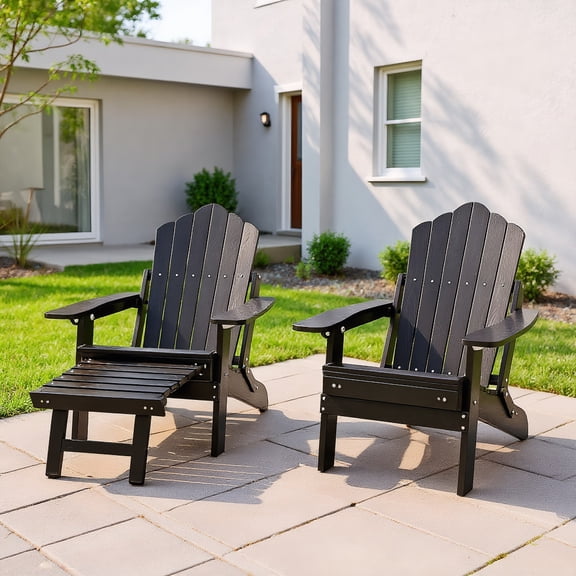 Resenkos Lounge Chair Outdoor, Patio Lounge Chair,All-Weather HIPS Patio Adirondack Lounge Chair with Retractable Footrest-Black