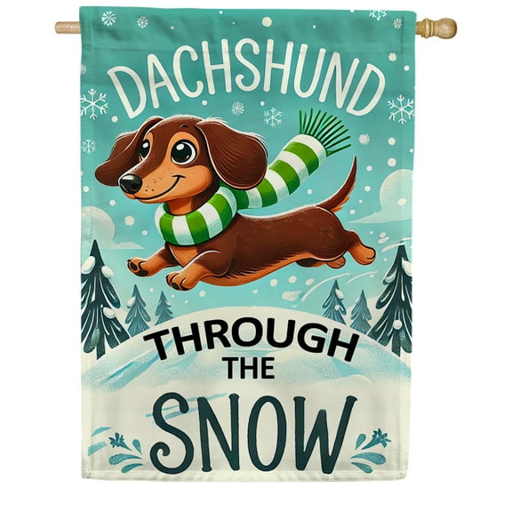 America Forever Dachshund Through Snow House Flag, 28 x 40 inch Double Sided, Winter Dog Banner, Playful Doxie Scarf Outdoor Decor, Holiday Outside Decorations Yard Flag
