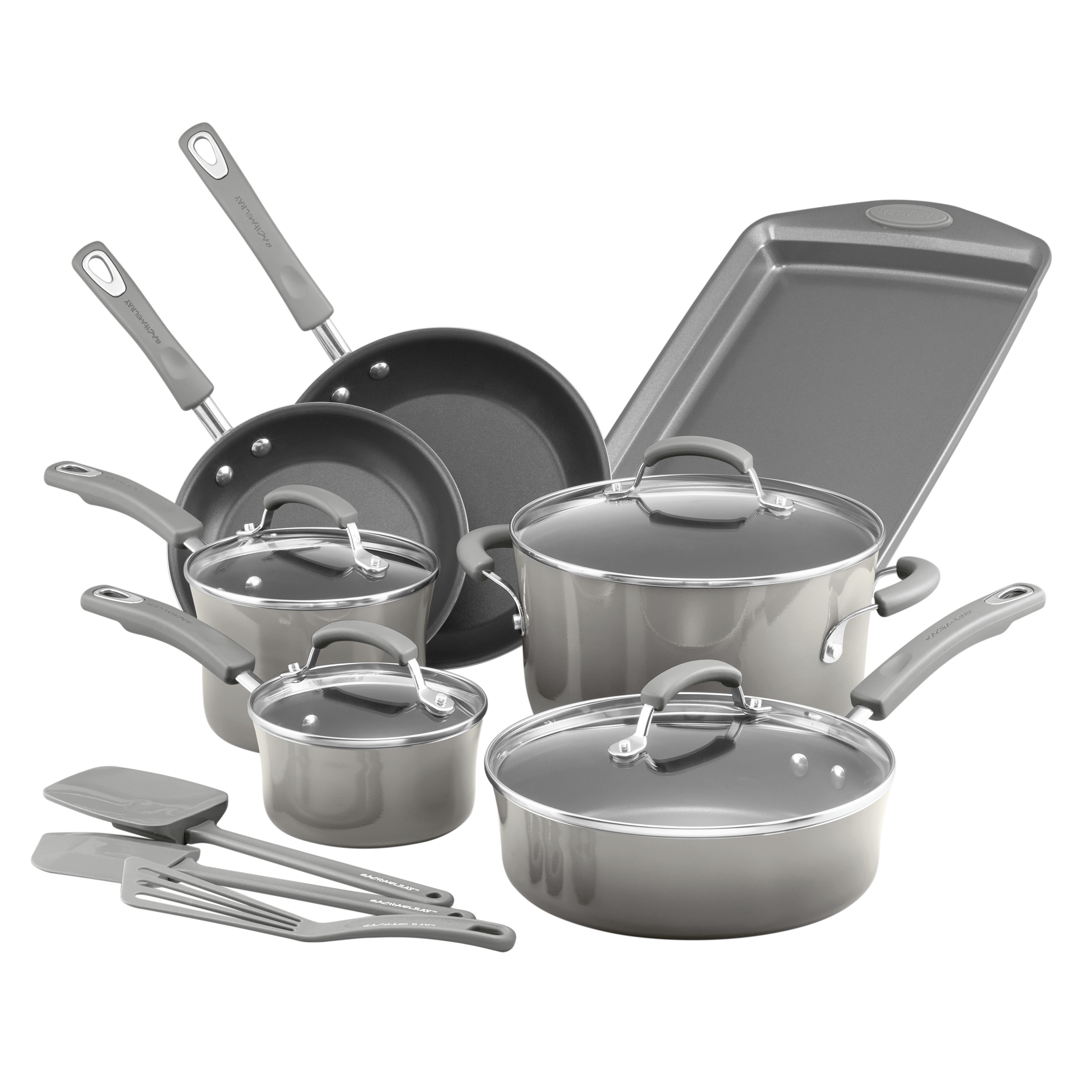 Rachael Ray Classic Brights Porcelain Nonstick 14-Piece Cookware Set with Bakeware and Tools, Sea Salt Gray