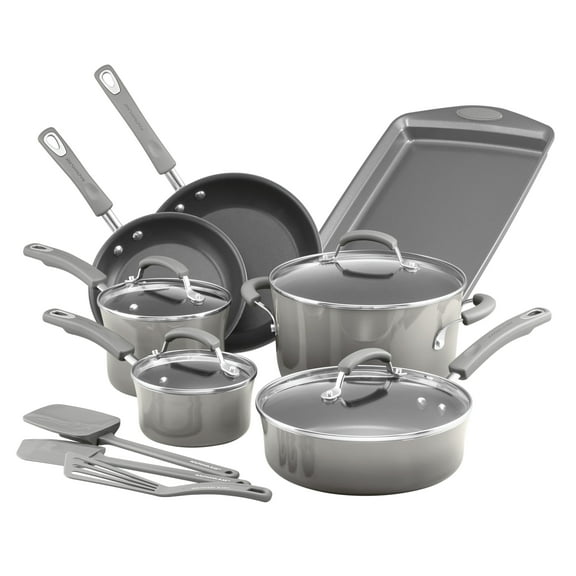 Rachael Ray Classic Brights 14 Piece Porcelain Nonstick Pots and Pans Set, Sea Salt Gray