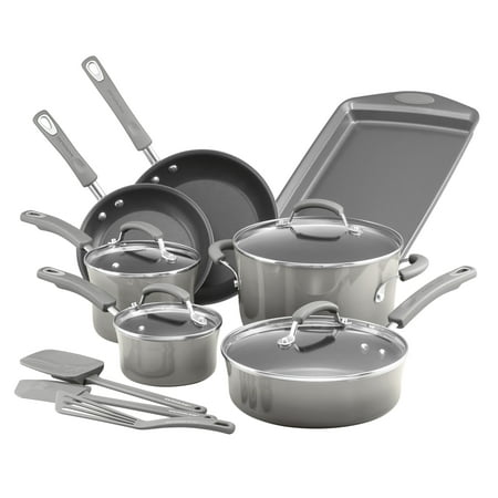 

Rachael Ray Classic Brights Porcelain Nonstick 14-Piece Cookware Set with Bakeware and Tools Sea Salt Gray