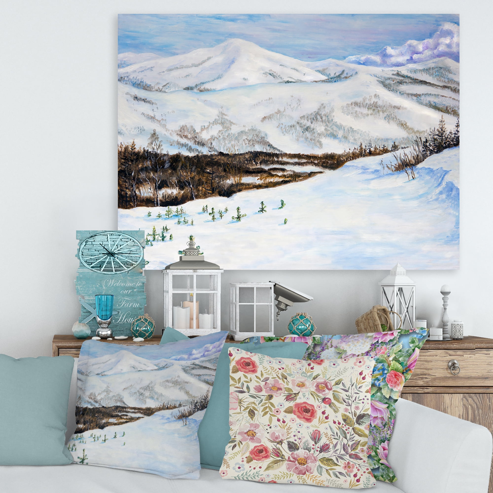Designart ' Snow-Capped Mountains With Winter Landscape ' Traditional Canvas Wall Art Print
