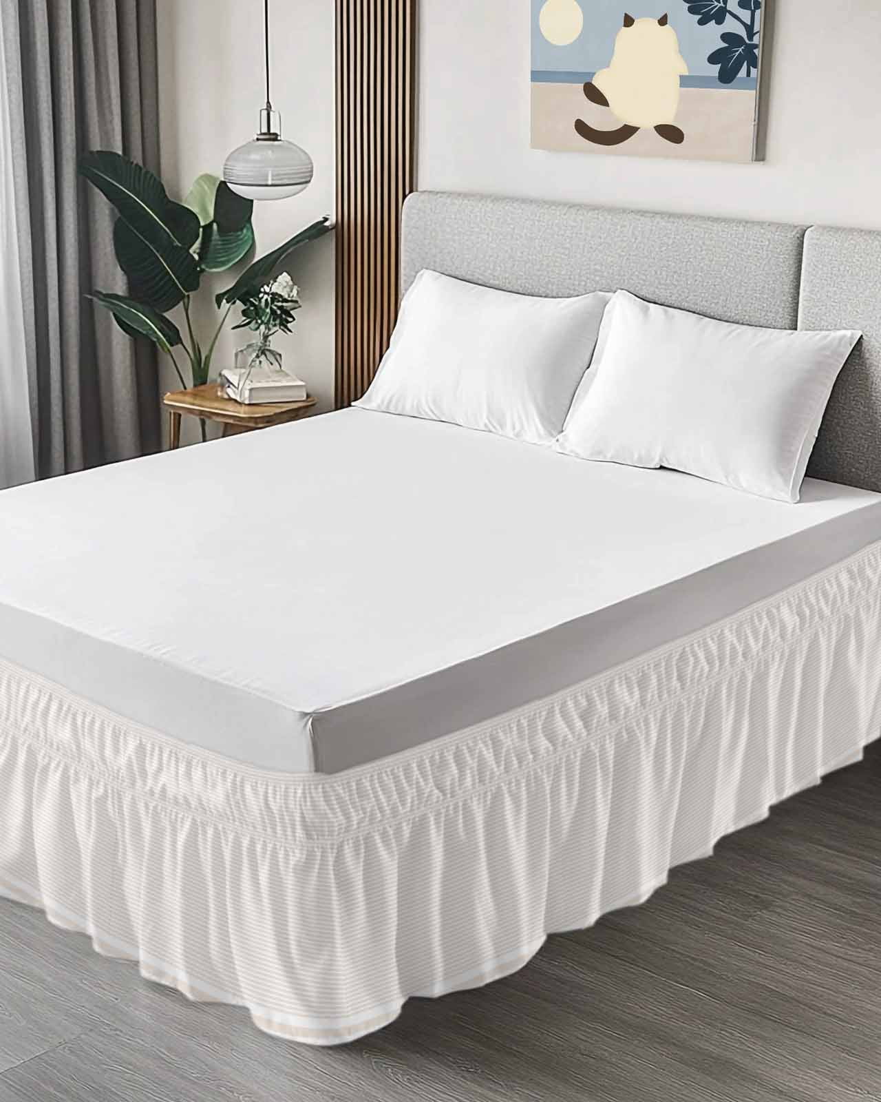Farmhouse Beige White Striped Bed Skirt Queen Size, Modern Stripes Wrap Around Bed Skirting with Adjustable Elastic Strap, Dust Ruffle Pleated Bedskirts 16 Inch Drop for Bedroom Queen Beds