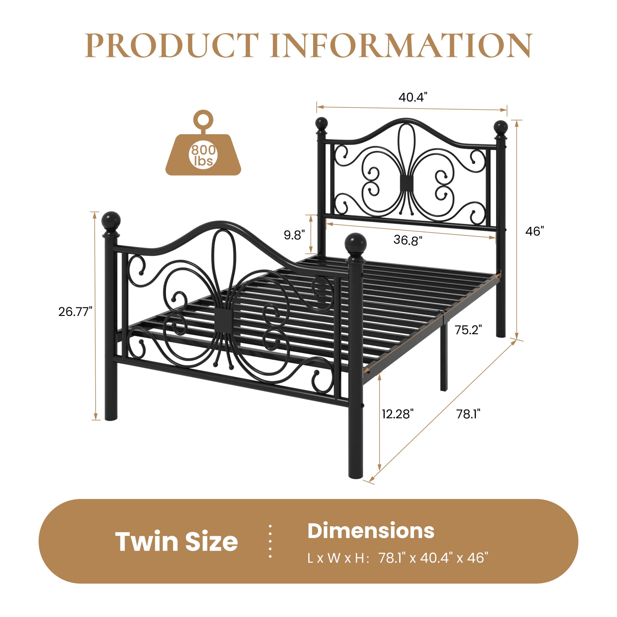 Sha Cerlin Twin Size Metal Platform Bed Frame with Victorian Vintage Butterfly Headboard&Footboard, Black