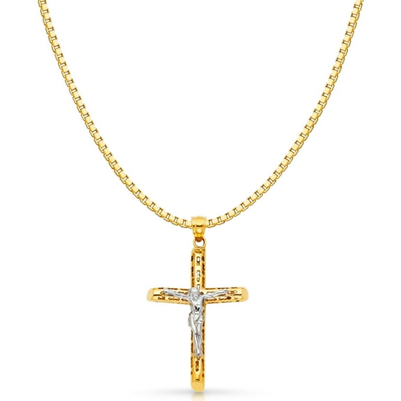 14K Yellow Solid Gold Religious Crucifix Charm Pendant with 1.2mm Box Chain Necklace