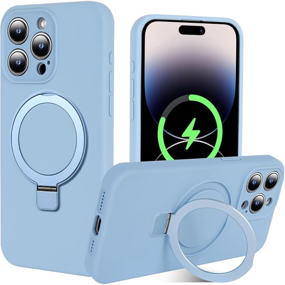 with Magnetic Invisible Stand Phone Case for iPhone 15 Pro Max 6.7 inches, Silicone Compatible with Magsafe Military Grade Full Camera Protection Phone Covers for Women Men(Light Blue)