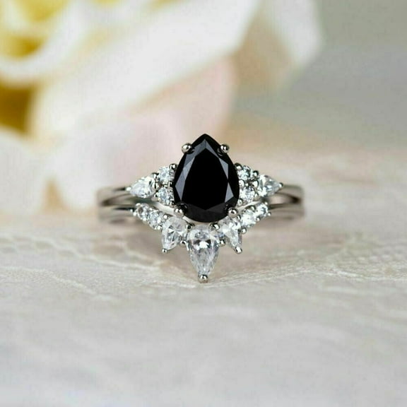 Gems Jewels 3.00 Ctw Pear Cut Black Diamond Wedding Anniversary Wedding Ring Bridal Set Band Ring 14K White Gold Plated 925 Sterling Silver 925 Sterling Silver -5