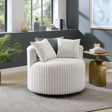 Modern Living Room Swivel Accent Barrel Chair 3D Honeycomb Pattern Wide Wale Plush Corduroy Upholstered Lounge Round Armchair with Wheels and 3 Pillows for Home Office Apartment Bedroom
