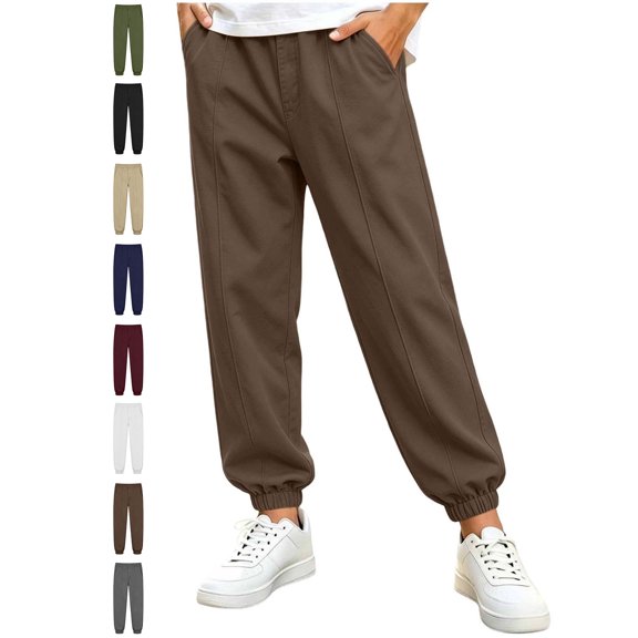 Xaqiouau Boys Jogger Pants with Pintuck Detail Elastic Waist Casual Trousers Cuffed Leg Relaxed Fit Solid Color Everyday Wear Kids School Sportswear Brown 9-10 Years