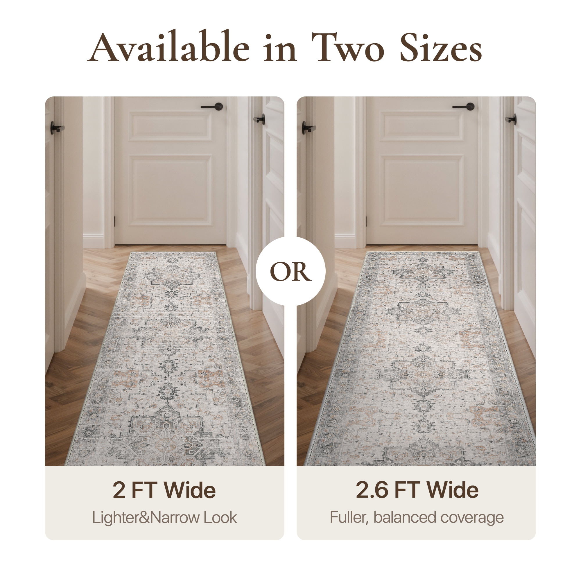 KUETH 2.5X12 Runner Rug Machine Washable, Kitchen Runner Rug for Floor and Hallway, Non Slip Throw Area Rug with Rubber Backing for Living Room、 Entryway、Bedroom and Dining Room Brown
