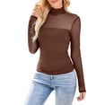 thumbnail image 5 of hlysgo Womens Mesh Sheer Long Sleeve Top Mock Turtle Neck Shirts Ruched Casual Going Out Blouses Brown,L, 5 of 5